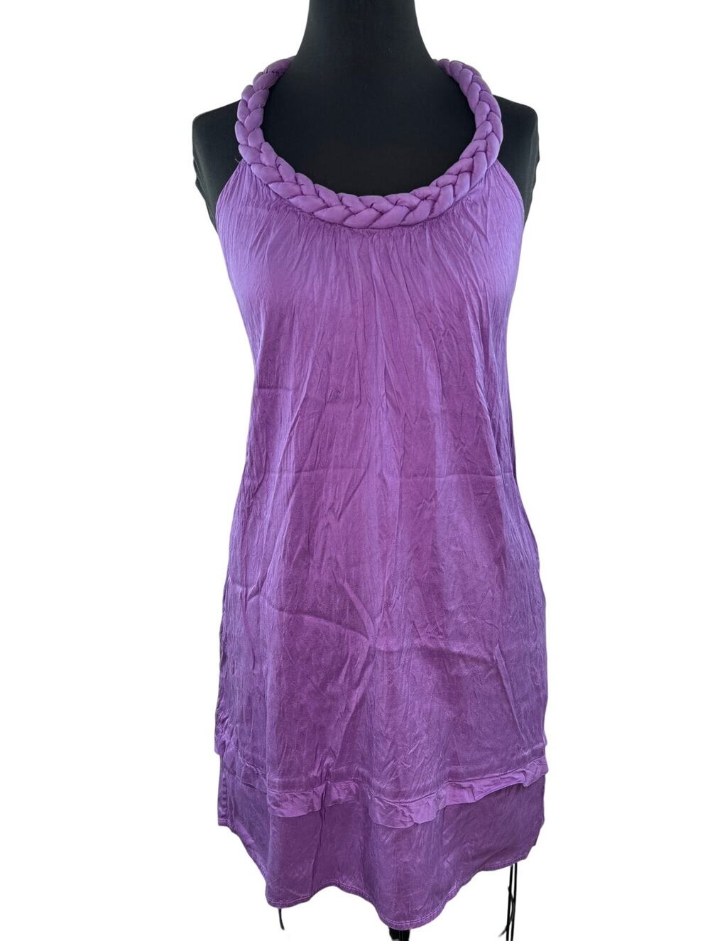 Vintage Calypso St. Barth Purple Dress Silk Pockets Braided Neck Size XS X-Small